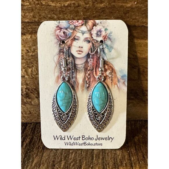 Boho Vintage Chic Southwestern Dangle Wire Earrings, Turquoise Stone, Gift Box - Picture 2 of 10